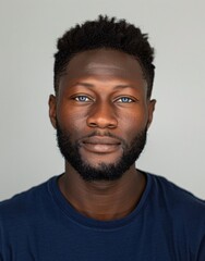 ID Photo for Passport : African young adult man with straight short black hair and blue eyes, medium beard, without glasses and wearing a navy t-shirt