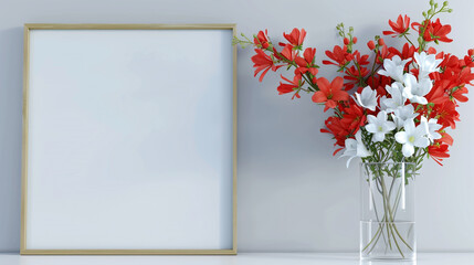 Modern room interior featuring a blank picture frame and a striking display of red and white flowers in a transparent glass vase.