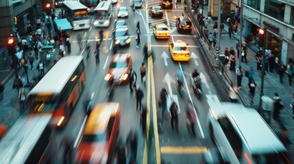 A busy city street with people commuting to work during rush hour