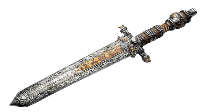 A Fantasy Dagger With Intricate Engravings On The Blade. The Handle Is Made Of Bone With Golden Inlays, Transparent Background