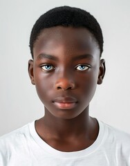 ID Photo for Passport : African teenager boy with straight short black hair and blue eyes, without glasses and wearing a white t-shirt