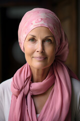 Senior woman with cancer and pink headscarf