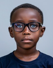 Fototapeta premium ID Photo for Passport : African child boy with straight short black hair and blue eyes, with glasses and wearing a navy t-shirt