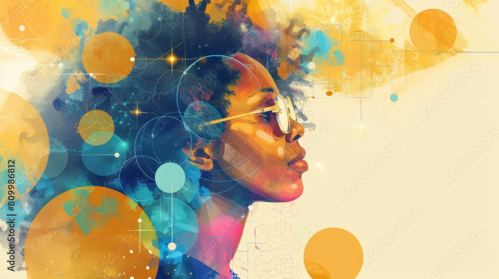 Poster a painting depicting a womans face with circles surrounding her, adding a dynamic and abstract touch