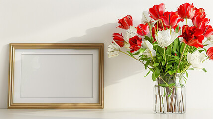 Serene room setting with a blank picture frame and vibrant red and white flowers in a glass vase, creating a harmonious atmosphere.