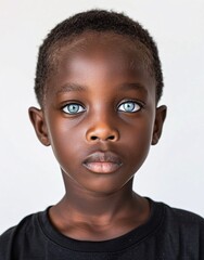 ID Photo for Passport : African child boy with straight short black hair and blue eyes, without glasses and wearing a black t-shirt