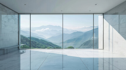 Panoramic window overlooking a mountain valley. Minimalist design