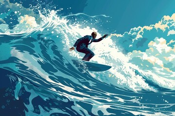 A man riding a wave on top of a surfboard. Suitable for sports and beach-themed designs