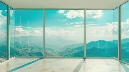 Panoramic window overlooking a mountain valley. Minimalist design