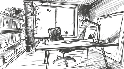 Workspace hand drawn sketch illustration. Modern work