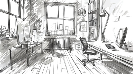 Workspace hand drawn sketch illustration. Modern work