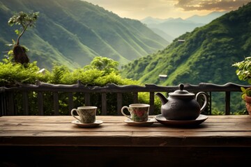 Tranquil and serene tea time experience in the peaceful setting of a mountainous landscape at sunset, surrounded by scenic greenery and nature