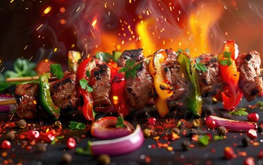 Juicy grilled skewers with peppers and onions on fiery background.