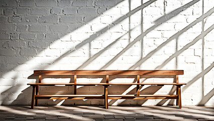 Modern storage design, wooden bench, white wall hanging with blank photo frames, leaving a minimalist style for text and patterns, used for backgrounds and banners