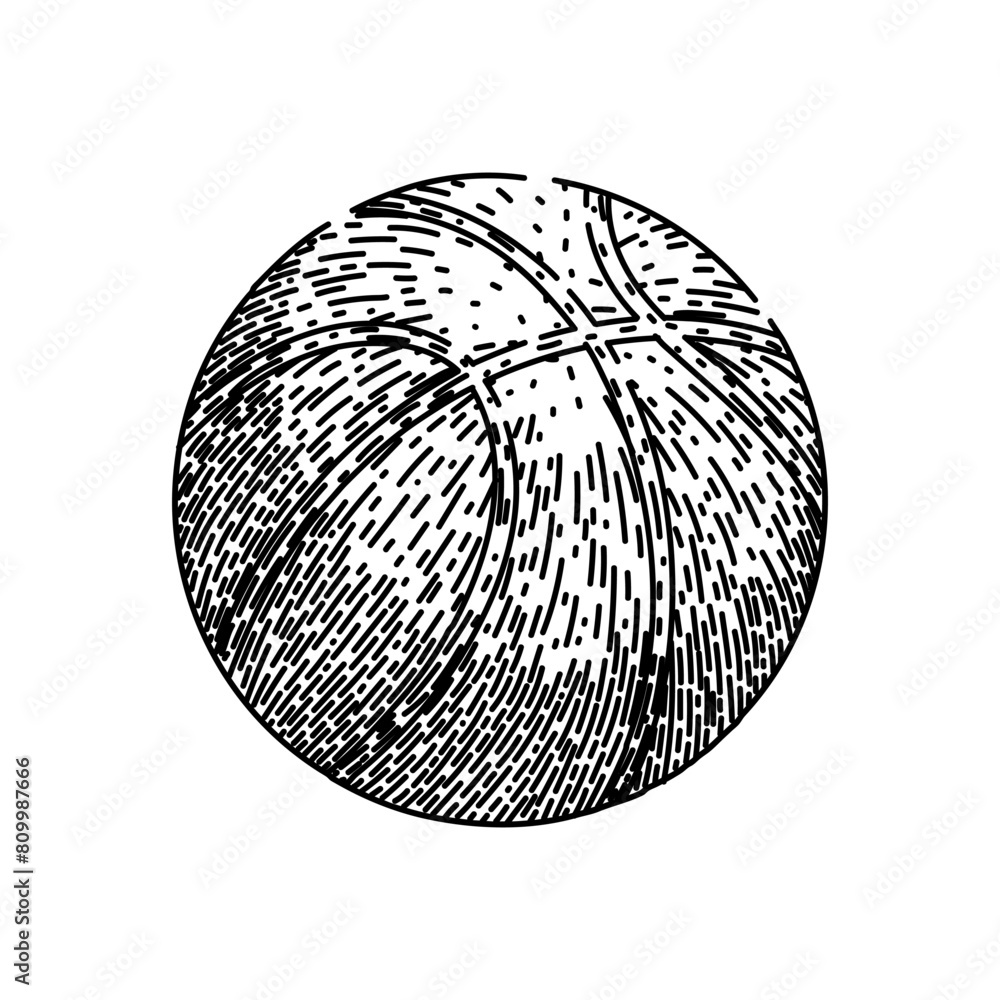 Sticker black basketball ball hand drawn. orange equipment, competition line, texture leather black basketball ball vector sketch. isolated black illustration