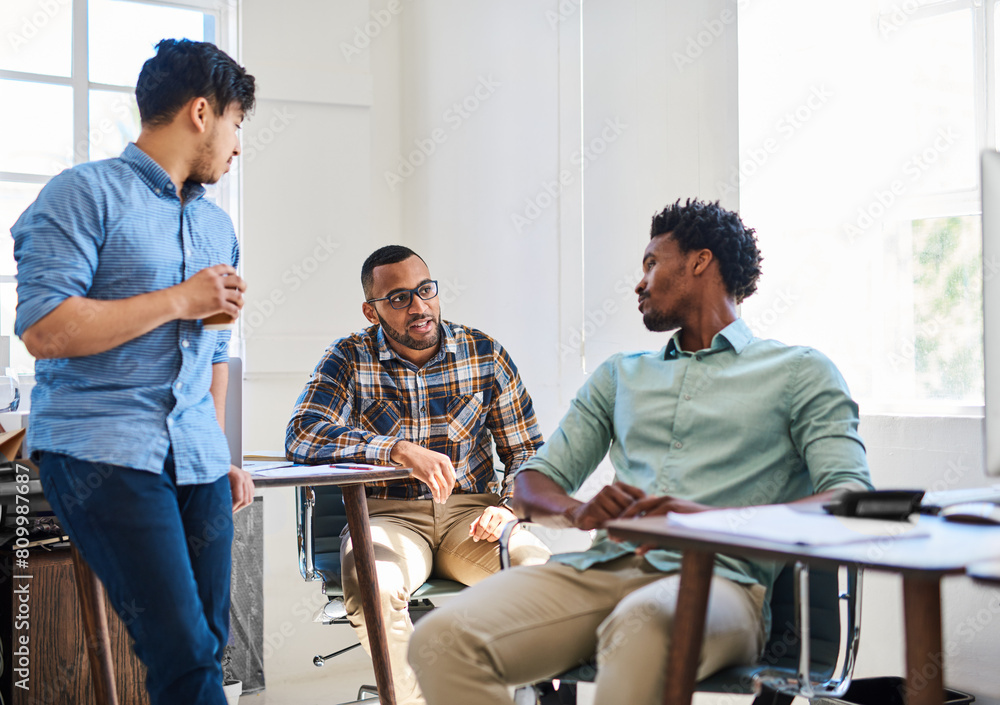 Poster collaboration, discussion and men in modern office for meeting with support, startup agency and brai