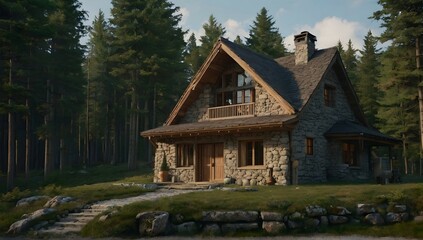A beautiful view and a stone house in the forest 8k