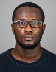 Obraz premium ID Photo for Passport : African adult man with straight short black hair and blue eyes, short beard, with glasses and wearing a navy t-shirt