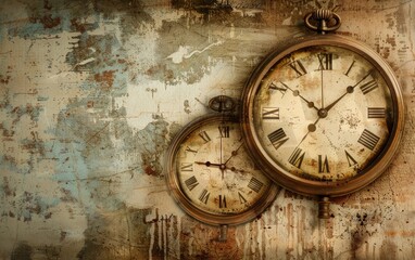 Layered vintage clocks with weathered textures in sepia tones.