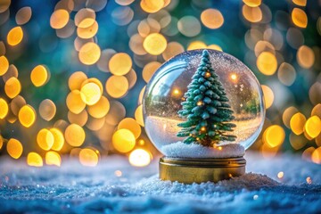 Snow globe with christmas tree on snow and bokeh background. - Powered by Adobe