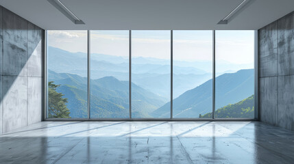Panoramic window overlooking a mountain valley. Minimalist design