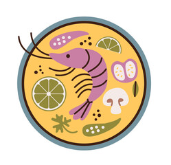 Tom yam soup Thai food with shrimps vector illustration.