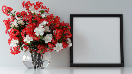 Stylish room decor featuring a black-bordered blank picture mockup and a stunning arrangement of red and white flowers in a transparent glass pot.