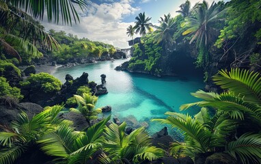 Lush greenery surrounds a serene turquoise bay, dotted with black volcanic rocks.