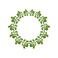 line art illustration with green shading of tendrils of breadfruit leaves with flowers forming a circular frame pattern