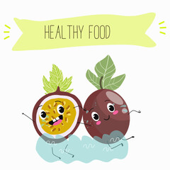 Cute passion fruit characters, funny fruits, funny berry with different activities. Flat vector illustration. Organic food, healthy food, illustrations for kids menu, invitations.
