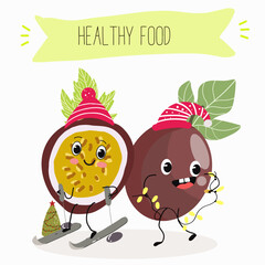 Cute passion fruit characters, funny fruits, funny berry with different activities. Flat vector illustration. Organic food, healthy food, illustrations for kids menu, invitations.