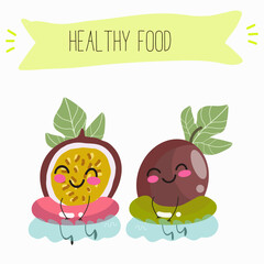 Cute passion fruit characters, funny fruits, funny berry with different activities. Flat vector illustration. Organic food, healthy food, illustrations for kids menu, invitations.