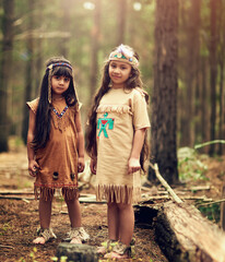 Native American children, girl and forest for portrait with culture, heritage or connection in...
