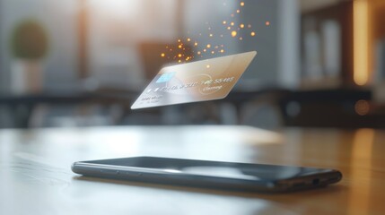 A credit card hovers above a smartphone, seemingly in the process of a contactless payment transaction.