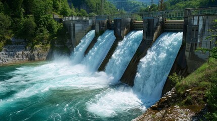Explore the synergy between water and electricity with images of hydroelectric dams and power stations. Illustrate the harmony between man-made infrastructure and natural landscapes