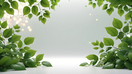 Beauty and cosmetic background and backdrop with green leaves on white