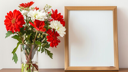 Sunny disposition with a blank picture frame and vibrant red and white flowers in a glass vase, radiating positivity and warmth in the room interior.