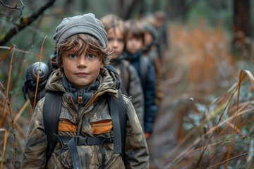 A boy adventurer with a determined look leads a group of children on a hike in the woods