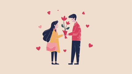 Young couple in love. Man giving flowers to a girl