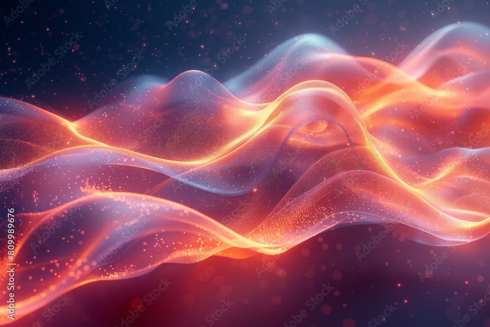 Poster shimmering waves of red and orange particles undulate across the frame in this abstract digital art 