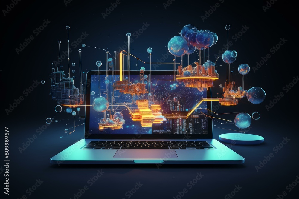 Poster innovative 3d illustration showcasing data analysis and brainstorming concepts with holographic char