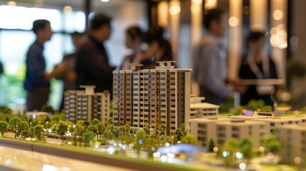 Diverse group of individuals standing around a detailed city model, discussing urban planning and development strategies.
