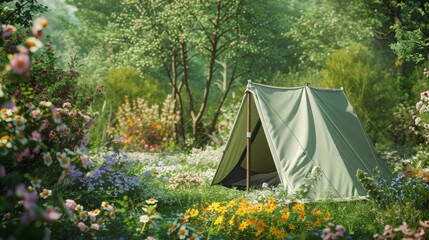 A small green tent is set up in a field of flowers