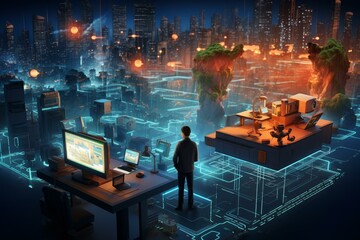 Professional works at a high-tech control center overseeing a holographic smart cityscape at night