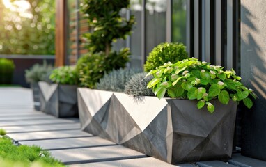 Modern urban garden with geometric concrete planters and varied greenery.