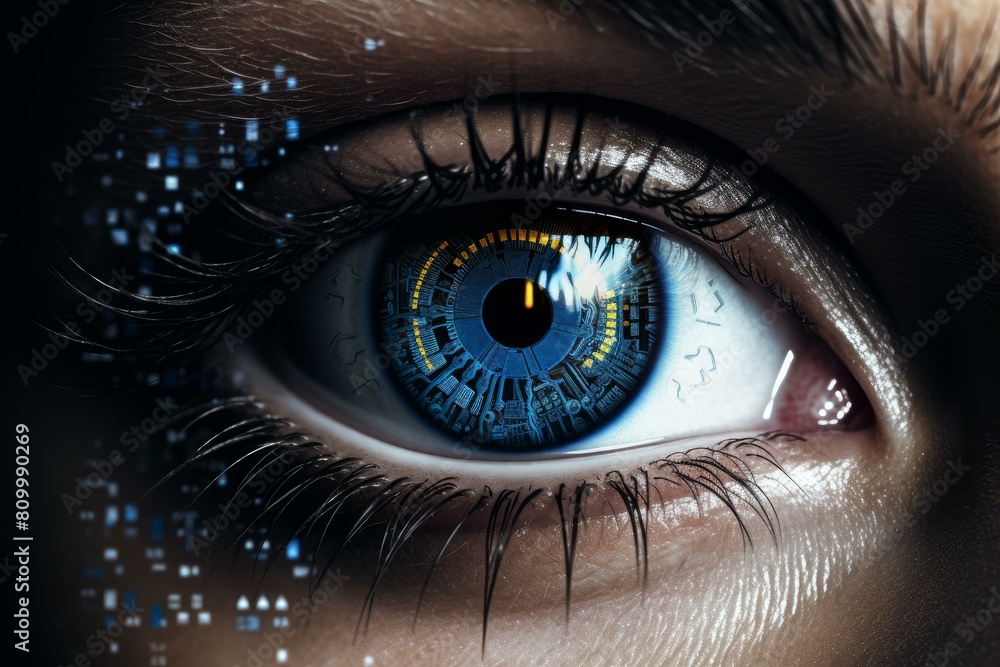 Poster automated technology digital eye. screen visual data. generate ai