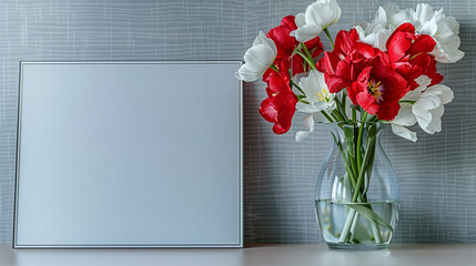 Tranquil atmosphere enhanced by the presence of a blank picture mockup and red and white flowers in a transparent glass vase, creating a serene retreat.