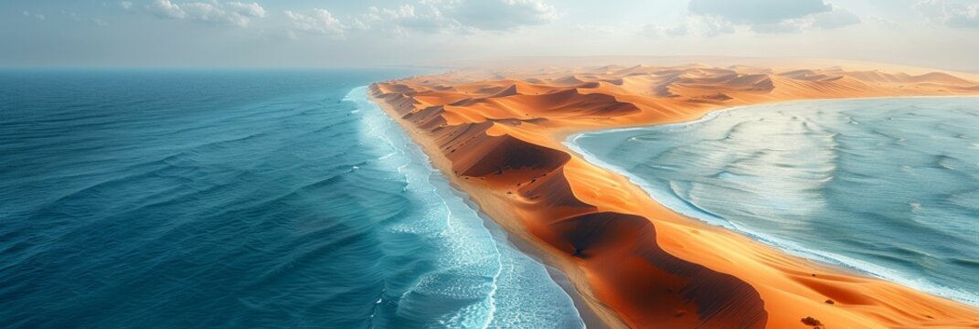 A scorching desert sandspit lies between the tranquil ocean and sea.