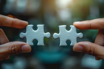 In a park setting, hands connect puzzle pieces, symbolizing strategy and problem-solving amidst nature.