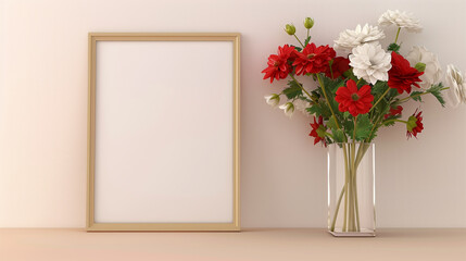 Tranquil room ambiance with a blank picture frame accompanied by red and white flowers in a transparent glass vase, creating a peaceful retreat.